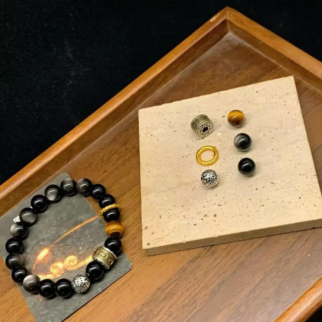 Pure natural silver obsidian bracelet for men and women to bring good luck and wealth Black obsidian bracelet-WiAuGem