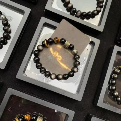 Pure natural silver obsidian bracelet for men and women to bring good luck and wealth Black obsidian bracelet-WiAuGem