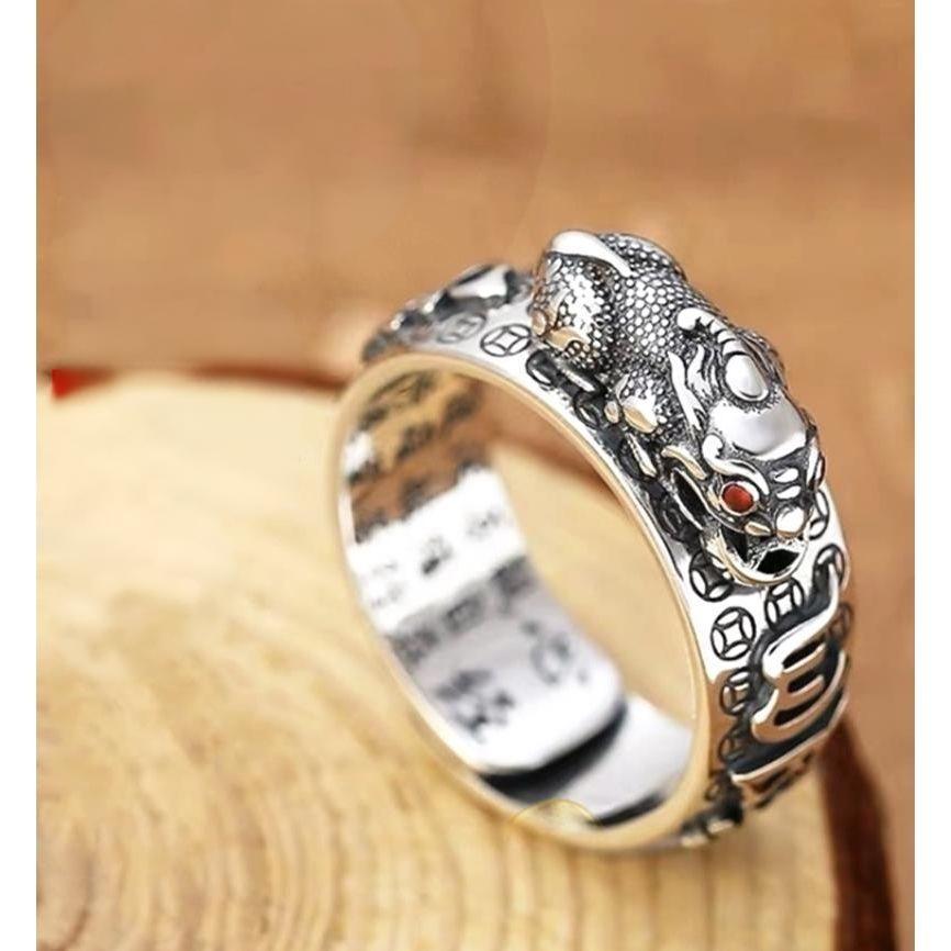 Lucky Fortune Pixiu Ring S925 Sterling Silver Open Adjustable Design Retro Unisex Jewelry with Six-Syllable Mantra Crafted From A Millennium-Old Ancient Temple-WiAuGem