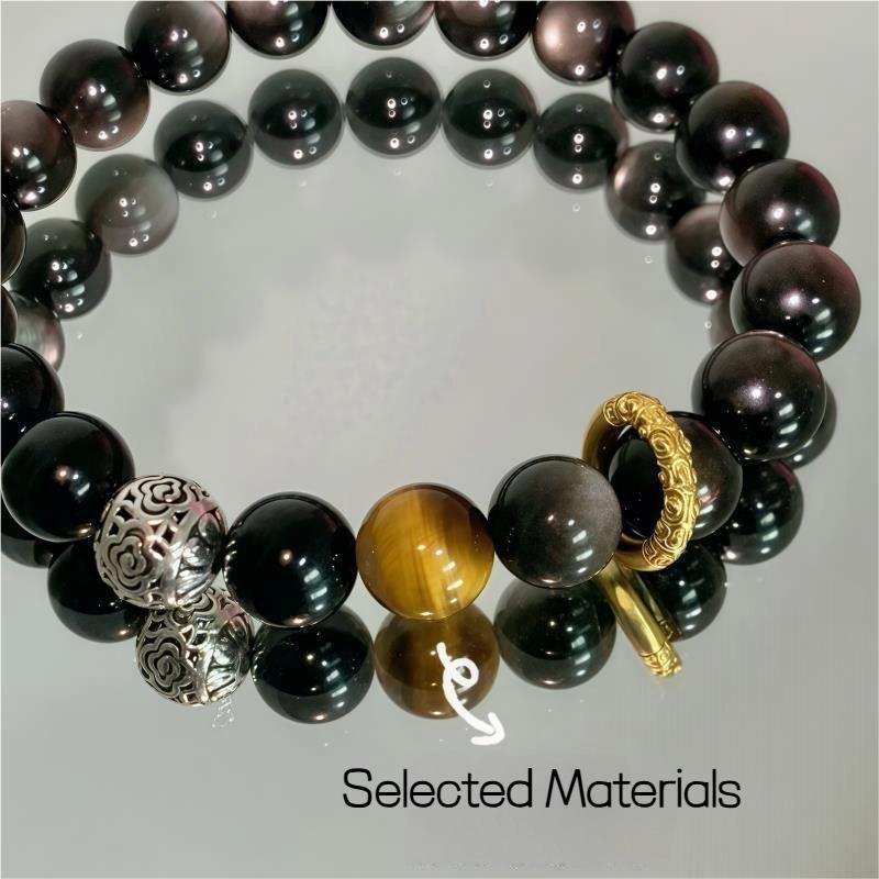 Pure natural silver obsidian bracelet for men and women to bring good luck and wealth Black obsidian bracelet-WiAuGem