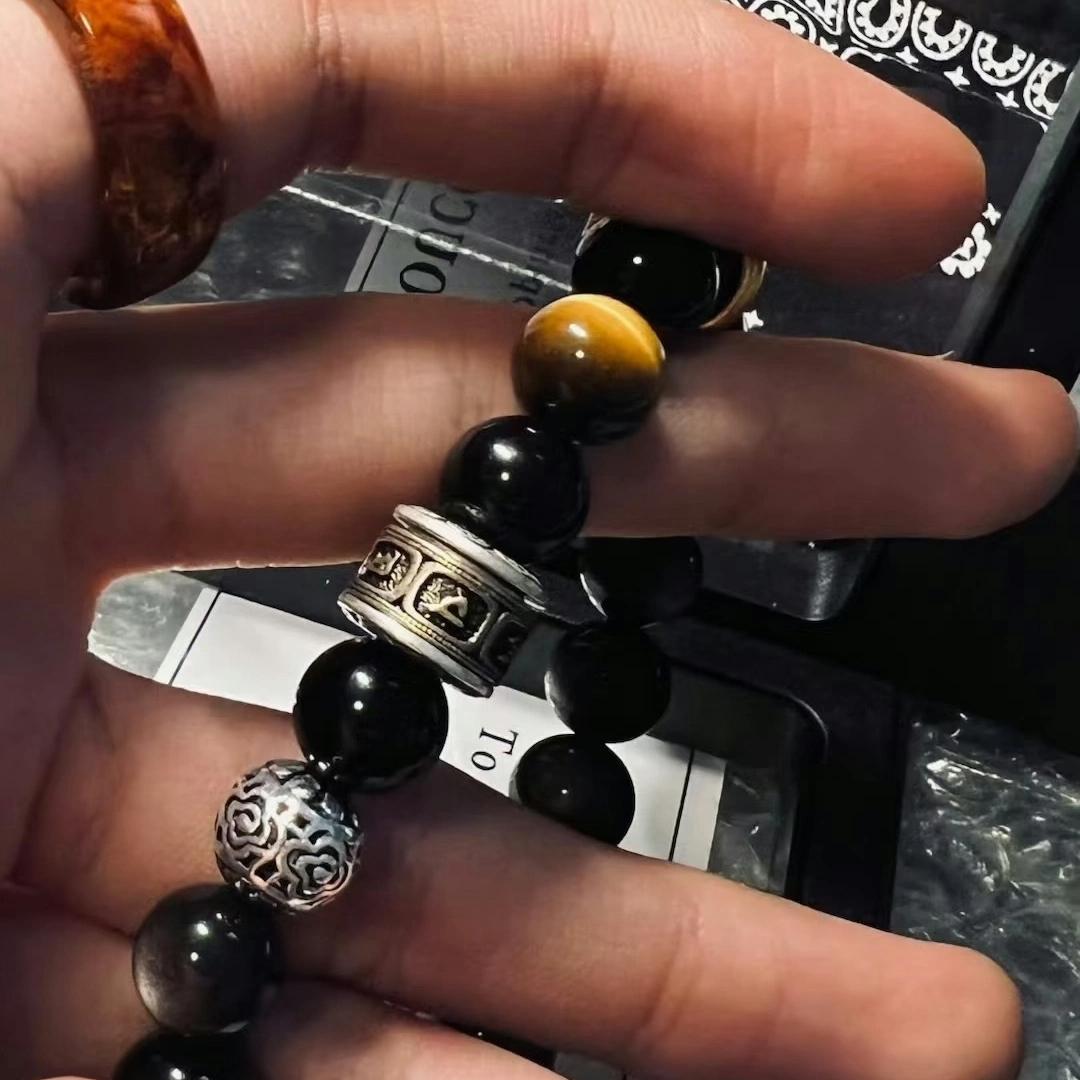 Pure natural silver obsidian bracelet for men and women to bring good luck and wealth Black obsidian bracelet-WiAuGem