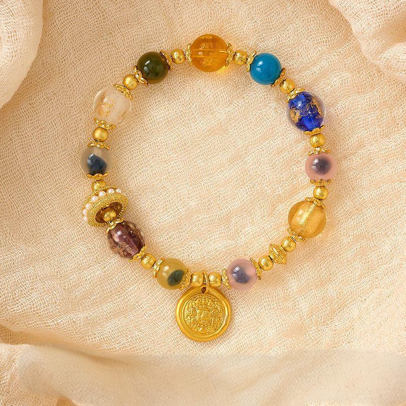 Natural Sugar Heart Agate  Yellow Fortune  Bracelet Incense Ash Porcelain Dopamine Vibe Beaded Bracelet Multi-Gem Jewelry for Luck   Wealth Crafted from a Millennium-Old Ancient Temple-WiAuGem