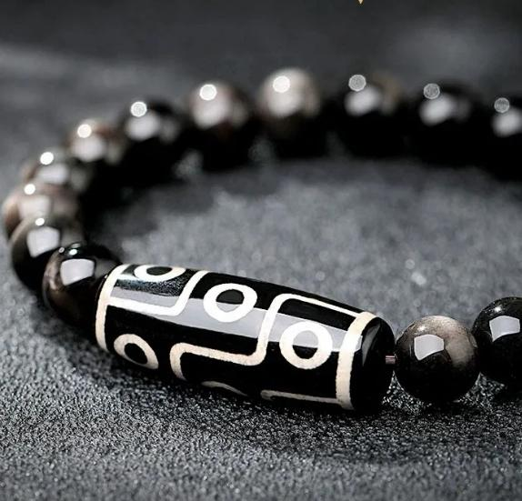 Natural Black Obsidian Nine-Eye Dzi Energy Bracelet-WiAuGem