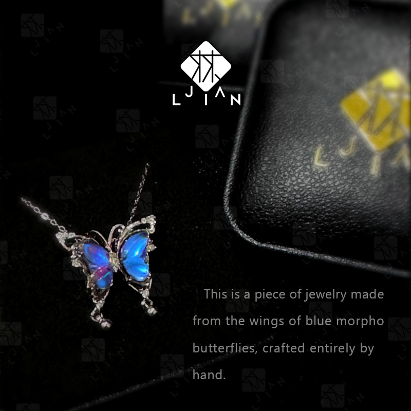 Handcrafted S925 Sterling Silver Butterfly Necklace with Blue Iridescent Wings – Unique Artisan Pendant, Custom Couple Jewelry