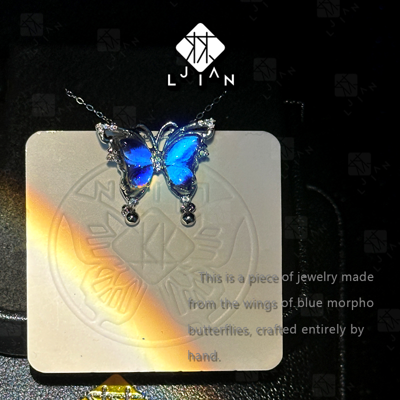 Handcrafted S925 Sterling Silver Butterfly Necklace with Blue Iridescent Wings – Unique Artisan Pendant, Custom Couple Jewelry