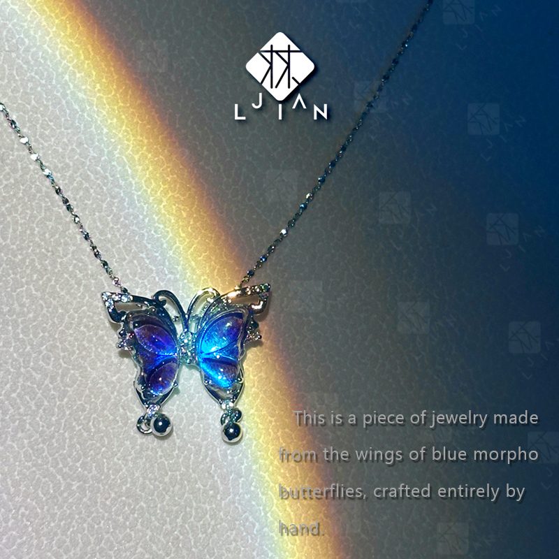 Handcrafted S925 Sterling Silver Butterfly Necklace with Blue Iridescent Wings – Unique Artisan Pendant, Custom Couple Jewelry