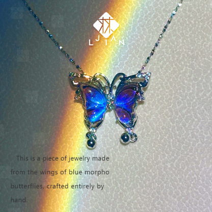 Handcrafted S925 Sterling Silver Butterfly Necklace with Blue Iridescent Wings – Unique Artisan Pendant, Custom Couple Jewelry