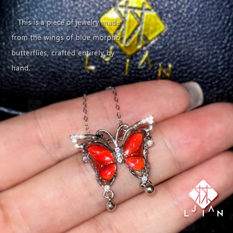 Handcrafted S925 Sterling Silver Butterfly Necklace with Blue Iridescent Wings – Unique Artisan Pendant, Custom Couple Jewelry