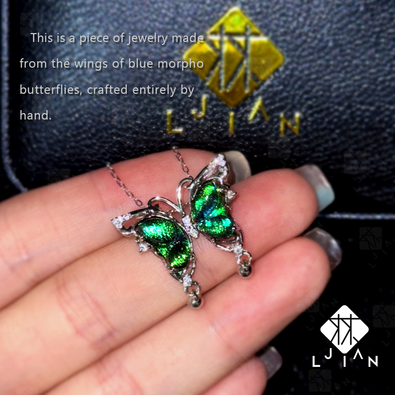 Handcrafted S925 Sterling Silver Butterfly Necklace with Blue Iridescent Wings – Unique Artisan Pendant, Custom Couple Jewelry