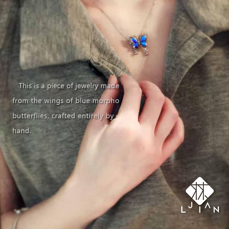 Handcrafted S925 Sterling Silver Butterfly Necklace with Blue Iridescent Wings – Unique Artisan Pendant, Custom Couple Jewelry