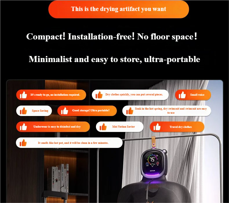 Hang Dry Straight- Everyday.Portable clothes dryer--Dry & Straight in Mins Al-controlled Heater Hands-freeOperation  Safe for all Fabrics | UV-C & Mites RemovalRemove Odors