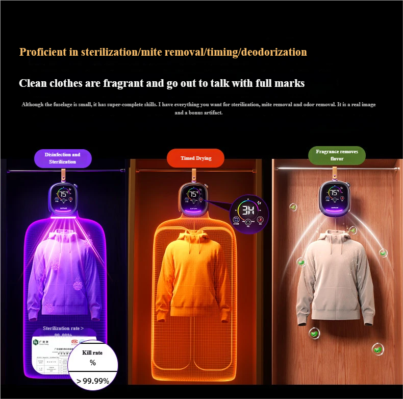 Hang Dry Straight- Everyday.Portable clothes dryer--Dry & Straight in Mins Al-controlled Heater Hands-freeOperation  Safe for all Fabrics | UV-C & Mites RemovalRemove Odors-Natural Therapy