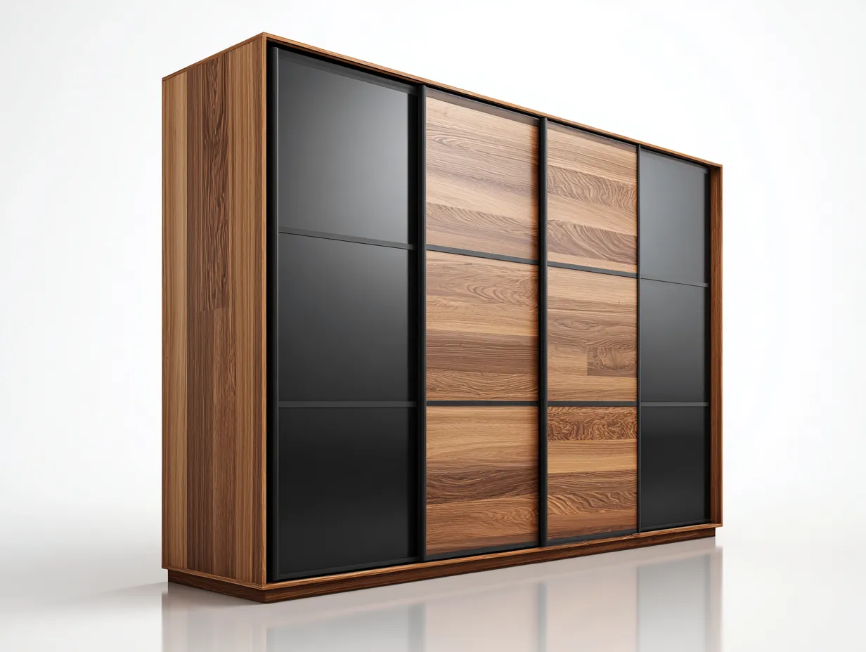 Armoire coulissante 4 portes - bois et panneaux noirs - 200x65x220 cm - noir/bois - design moderne-Snugno