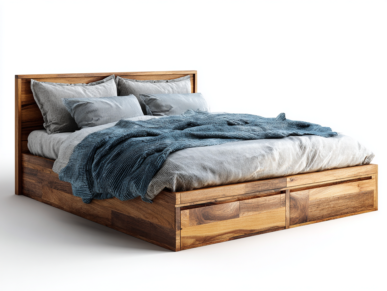 Lit double bois massif 200x160x95 cm - couleur bois - avec rangement - style moderne-Snugno