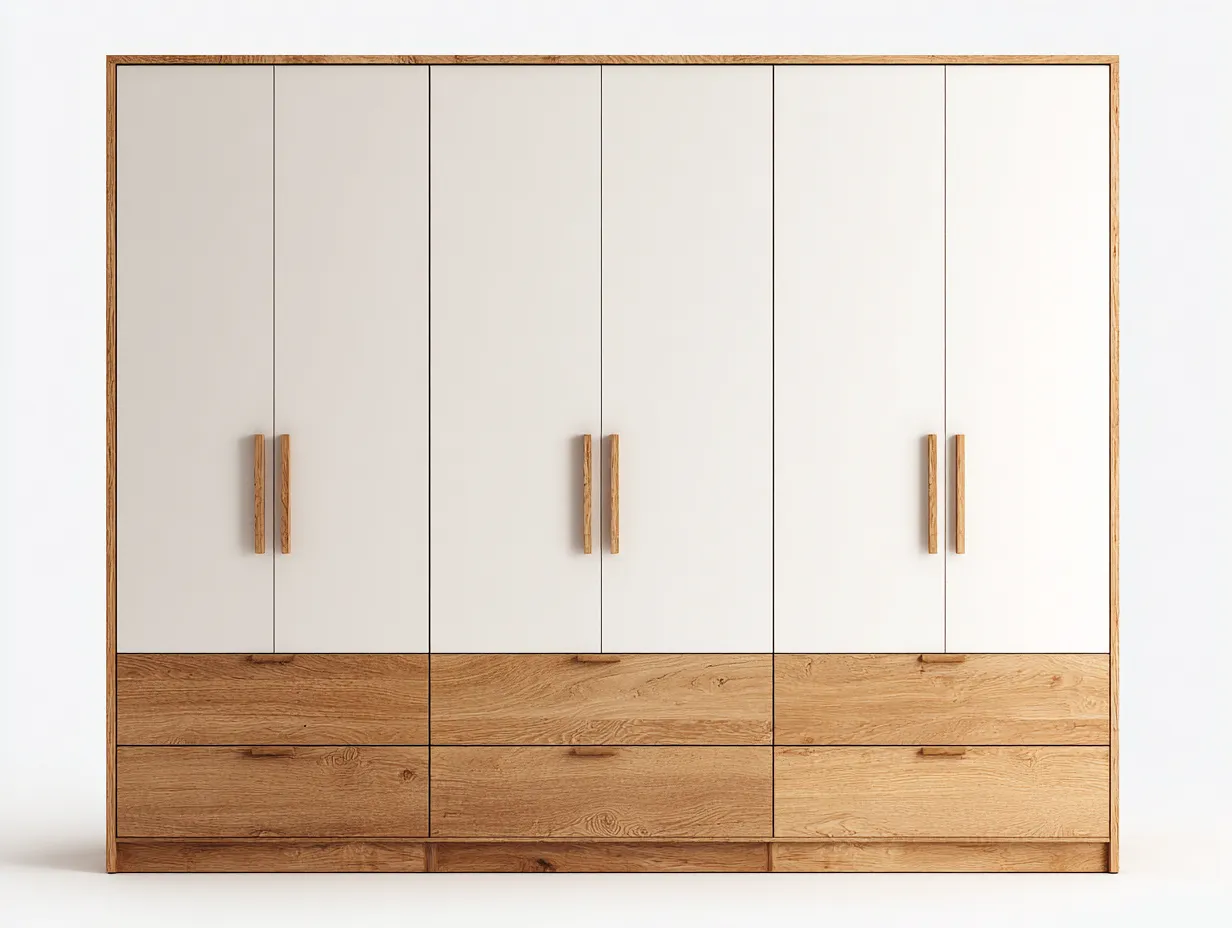 Armoire 6 portes avec 6 tiroirs - bois et panneaux blancs - 240x62x220 cm - blanc/bois - design moderne-Snugno