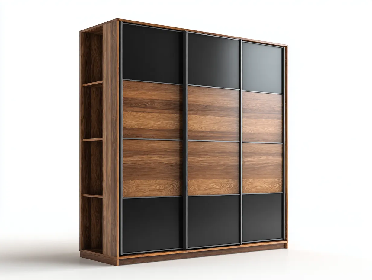 Armoire coulissante 3 portes - bois et panneaux noirs - 180x65x220 cm - noir/bois - design moderne-Snugno