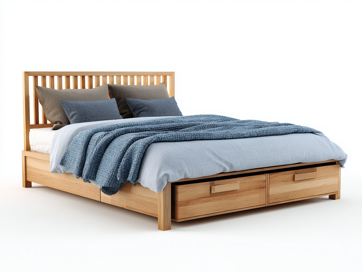 Lit double en bois 210x160x105 cm - chêne clair - avec 2 tiroirs - design moderne-Snugno