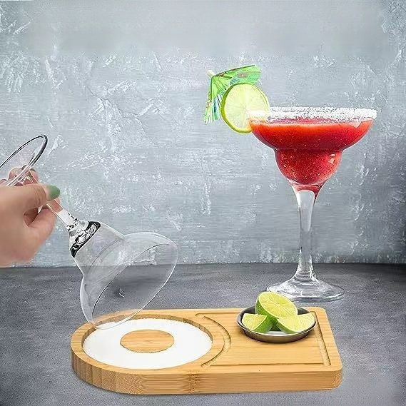 Bamboo cocktail glass with salt rim tray