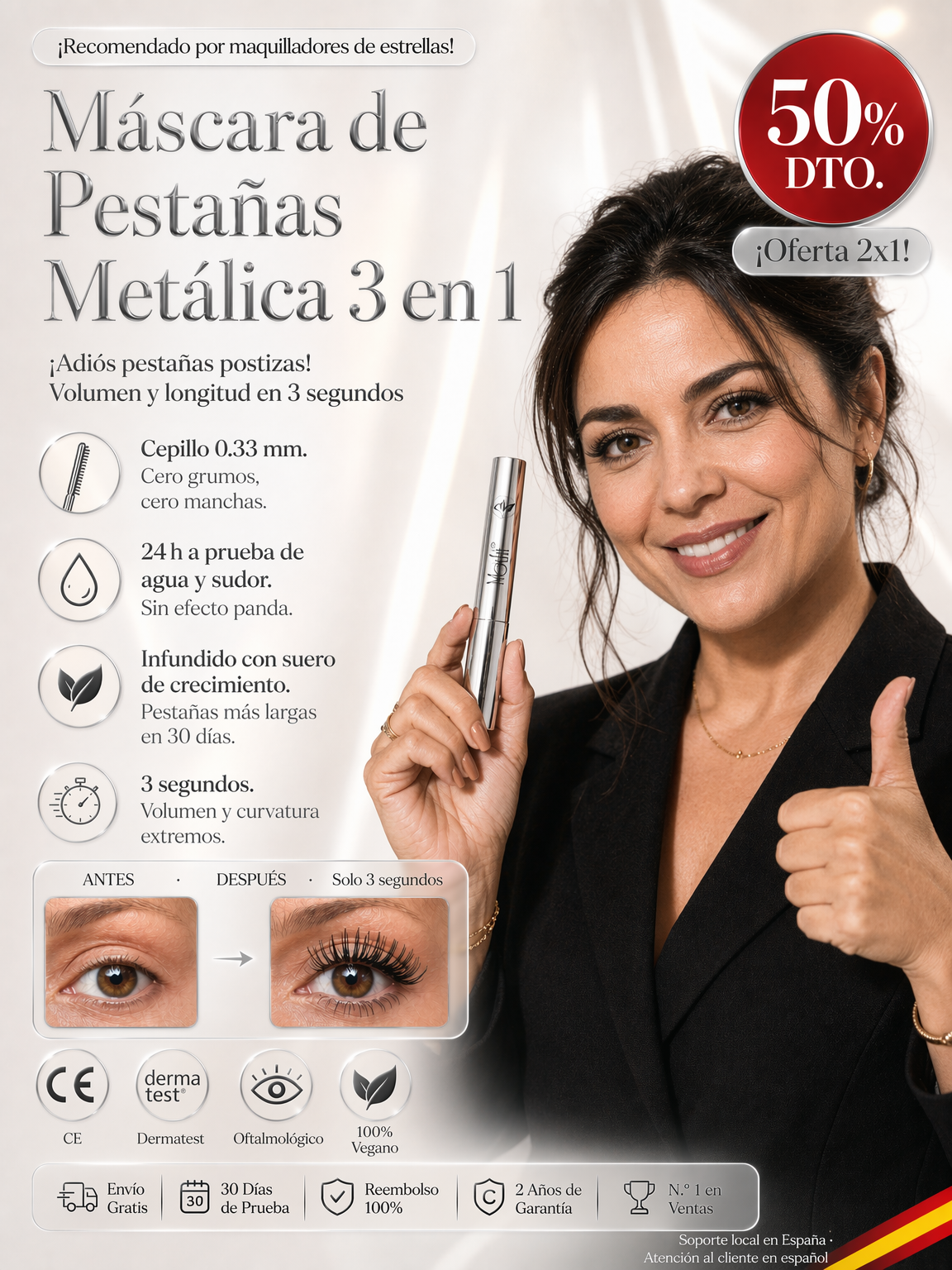 Máscara de Pestañas de Metal 3 en 1 - Impermeable, Sin Grumos y Larga Duración 24H