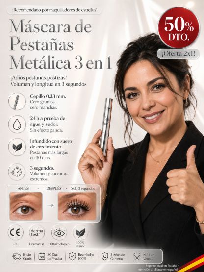 Máscara de Pestañas de Metal 3 en 1 - Impermeable, Sin Grumos y Larga Duración 24H