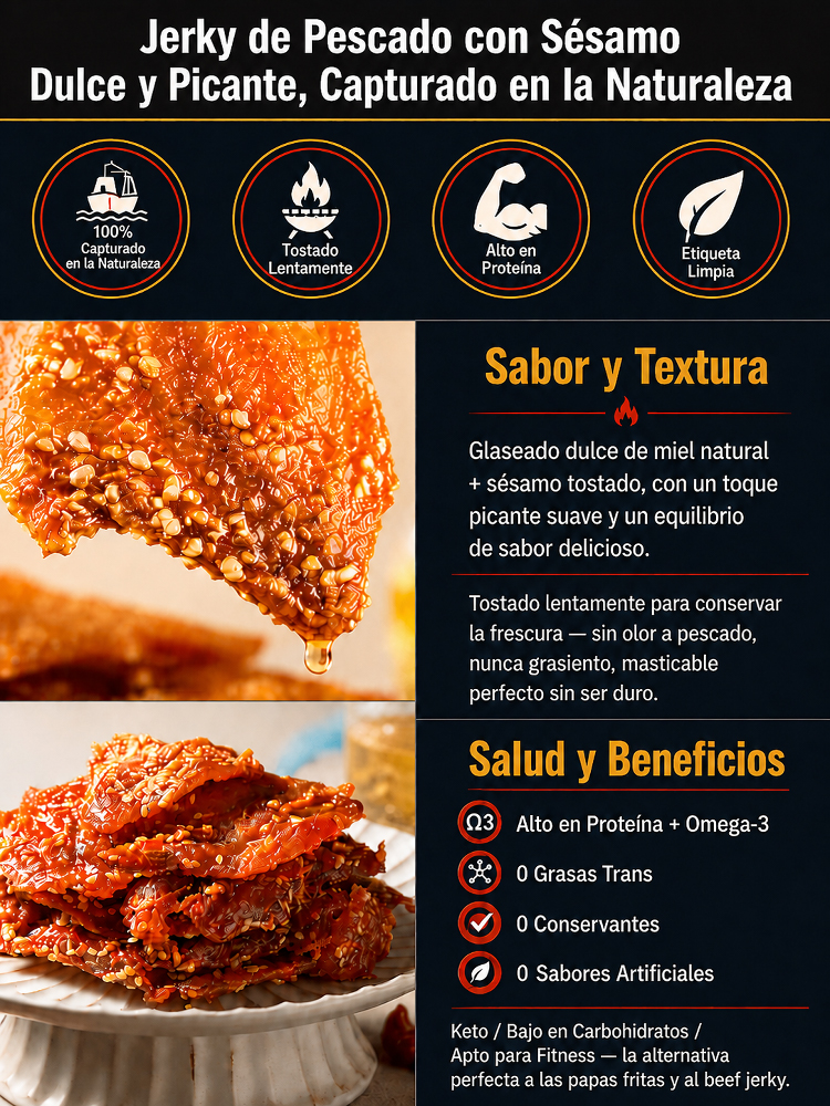 Jerky de Pescado con Miel y Sésamo - Sin Grasas Trans y Alto en Proteínas (50% Dto.)