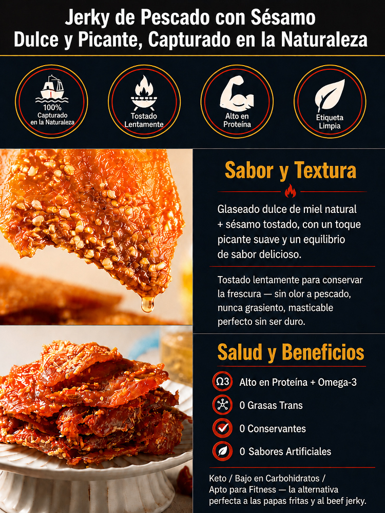 Jerky de Pescado con Miel y Sésamo - Sin Grasas Trans y Alto en Proteínas (50% Dto.)