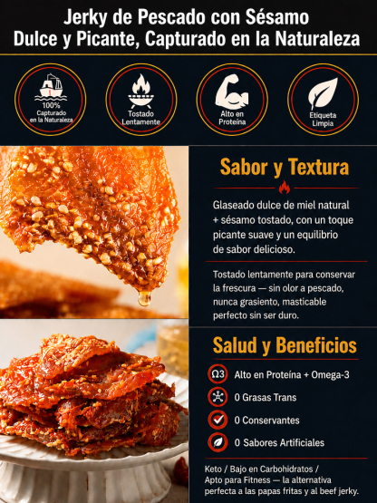 Jerky de Pescado con Miel y Sésamo - Sin Grasas Trans y Alto en Proteínas (50% Dto.)