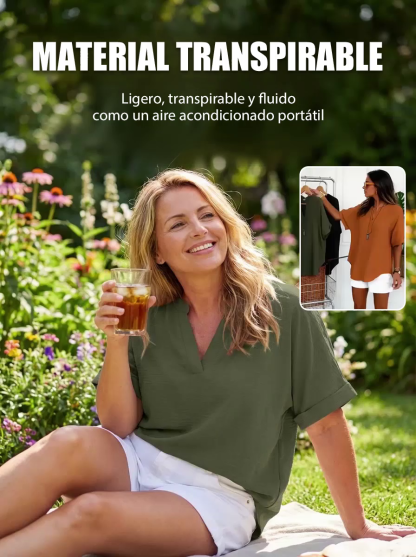 Camiseta de manga corta casual con cuello en V transpirable y de color sólido