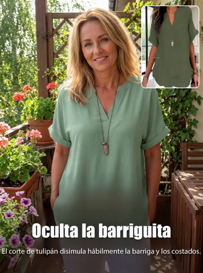 Camiseta de manga corta casual con cuello en V transpirable y de color sólido