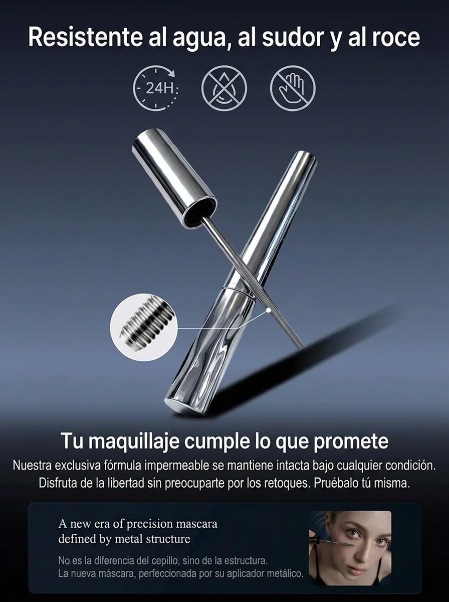 Máscara de Pestañas de Metal 3 en 1 - Impermeable, Sin Grumos y Larga Duración 24H