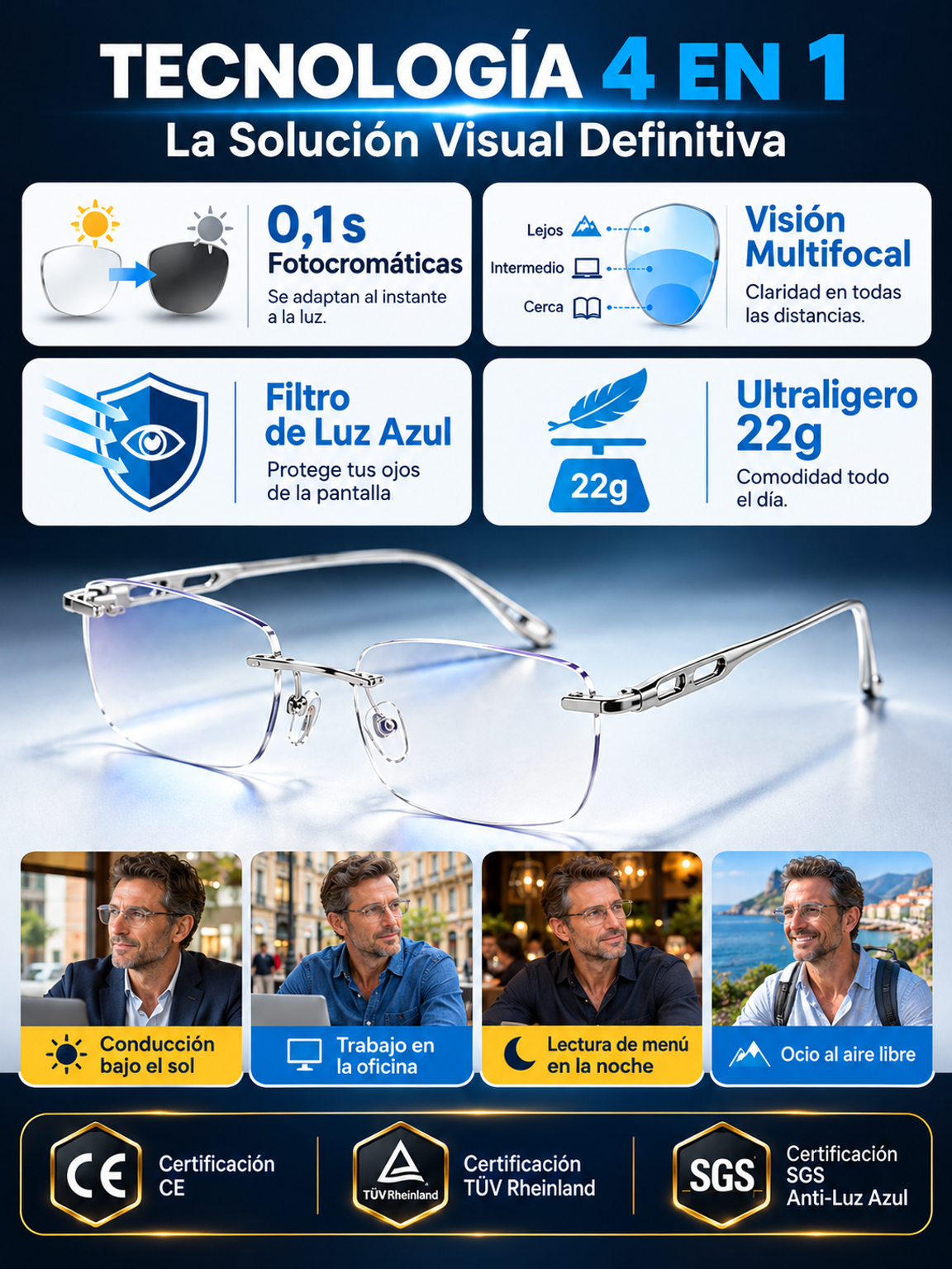 🔥👍Gafas Progresivas Fotocromáticas 3 en 1 Ultraligeras 22g– Enfoque Automático Cerca y Lejos De Lectura a Gafas de Sol al Instante