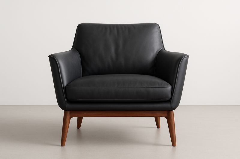 Fauteuil en Cuir Noir Piètement en Bois