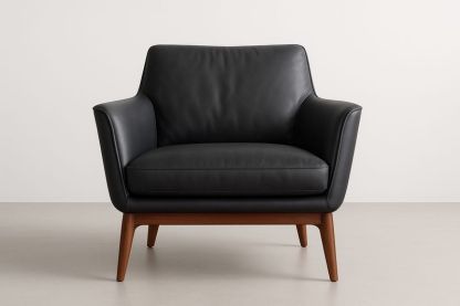 Fauteuil en Cuir Noir Piètement en Bois