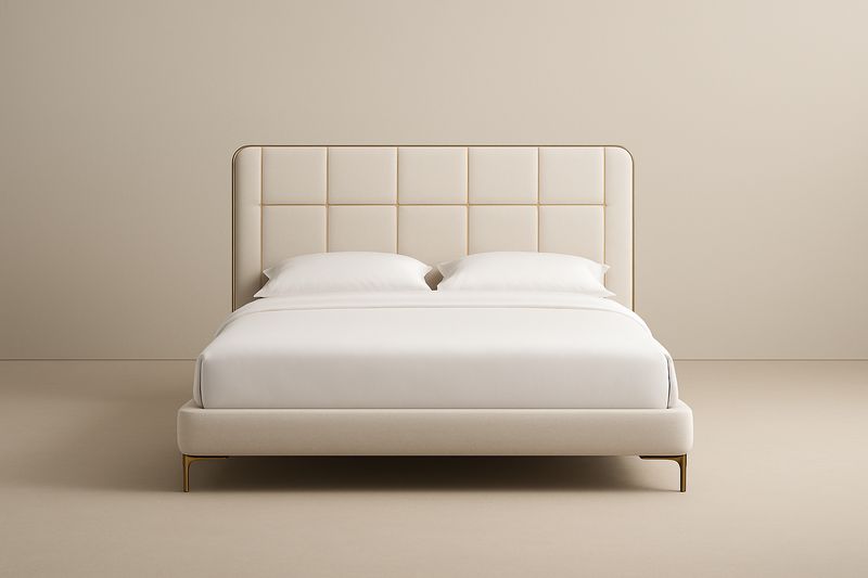 Lit double en bois avec tête de lit capitonnée 200x160×120cm Beige