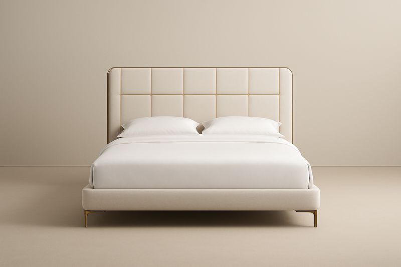 Lit double en bois avec tête de lit capitonnée 200x160×120cm Beige