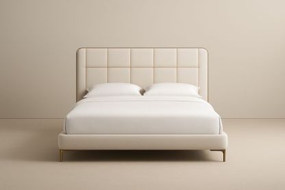 Lit double en bois avec tête de lit capitonnée 200x160×120cm Beige