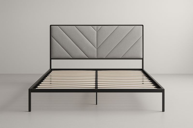 Lit double en métal avec tête de lit rembourrée gris 160x200×100 cm