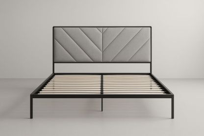 Lit double en métal avec tête de lit rembourrée gris 160x200×100 cm