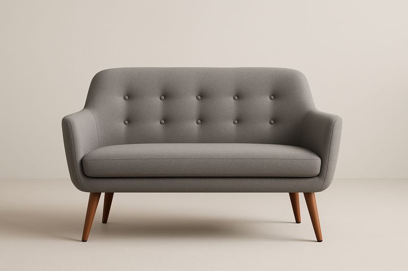 Canapé 2 places en tissu gris, pieds en bois massif, 140×75×85 cm, coussins inclus.