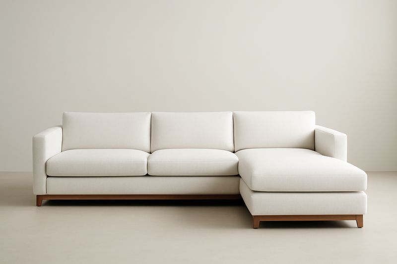 Canapé d'angle 3 places en tissu blanc et bois, coussins inclus