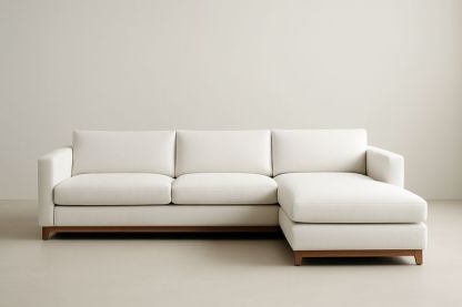 Canapé d'angle 3 places en tissu blanc et bois, coussins inclus