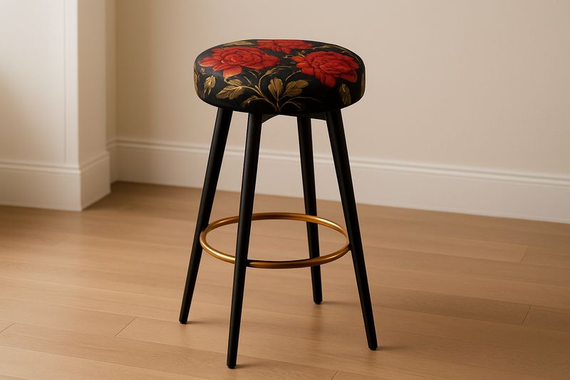 Tabouret Haut Rond Tissu Imprimé Floral Métal Noir et Or