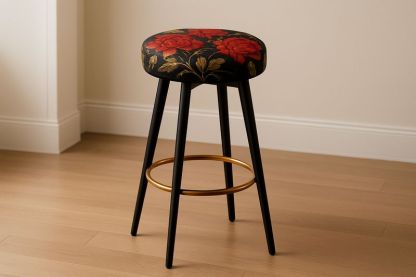Tabouret Haut Rond Tissu Imprimé Floral Métal Noir et Or