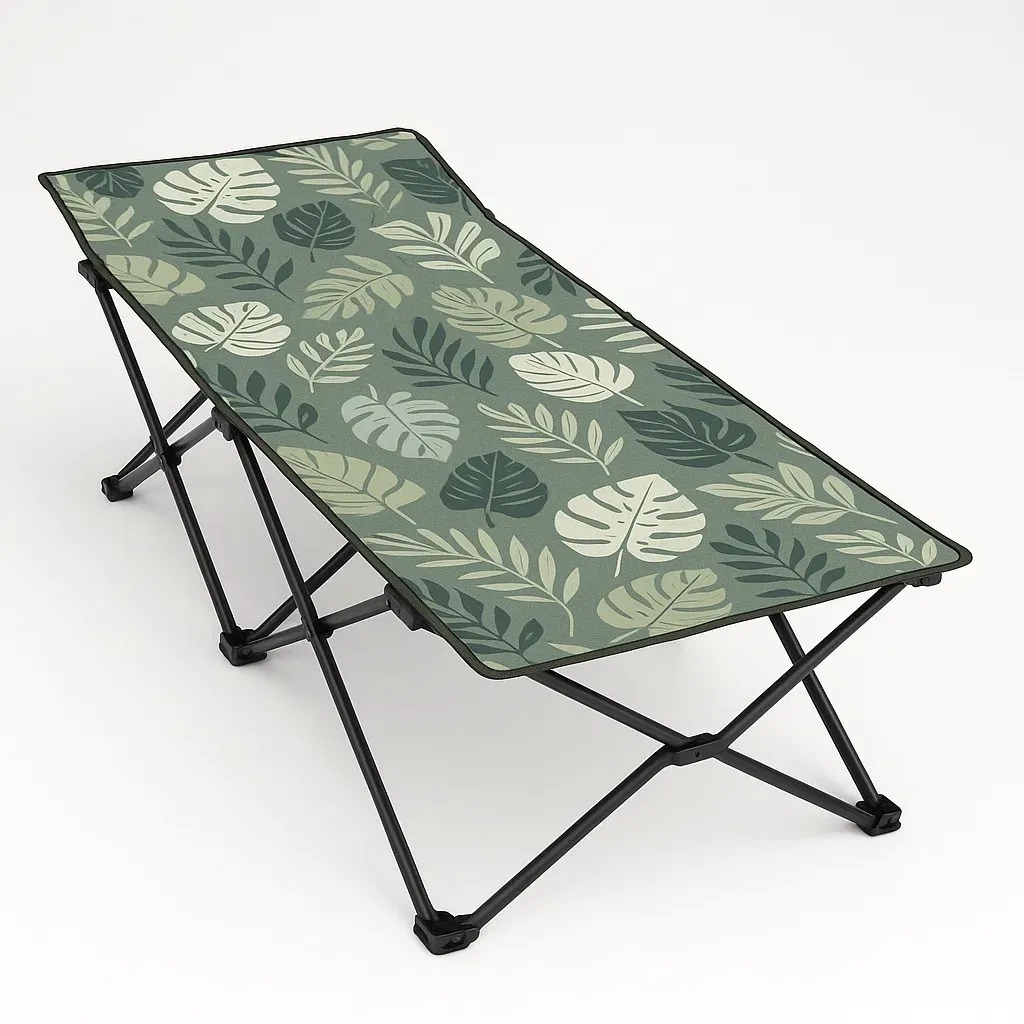 Lit de camping pliant en acier et polyester avec motif de feuilles