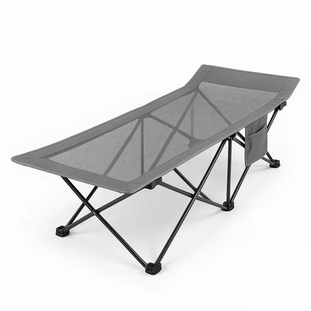 Lit de camping pliant en acier et polyester gris avec poche latérale
