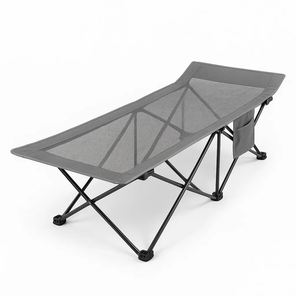 Lit de camping pliant en acier et polyester gris avec poche latérale