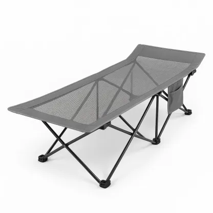 Lit de camping pliant en acier et polyester gris avec poche latérale
