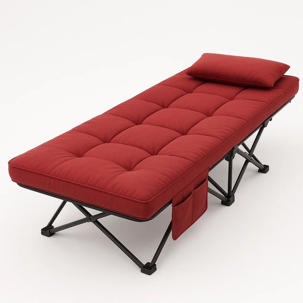 Lit de camping pliant en acier avec matelas en tissu rouge