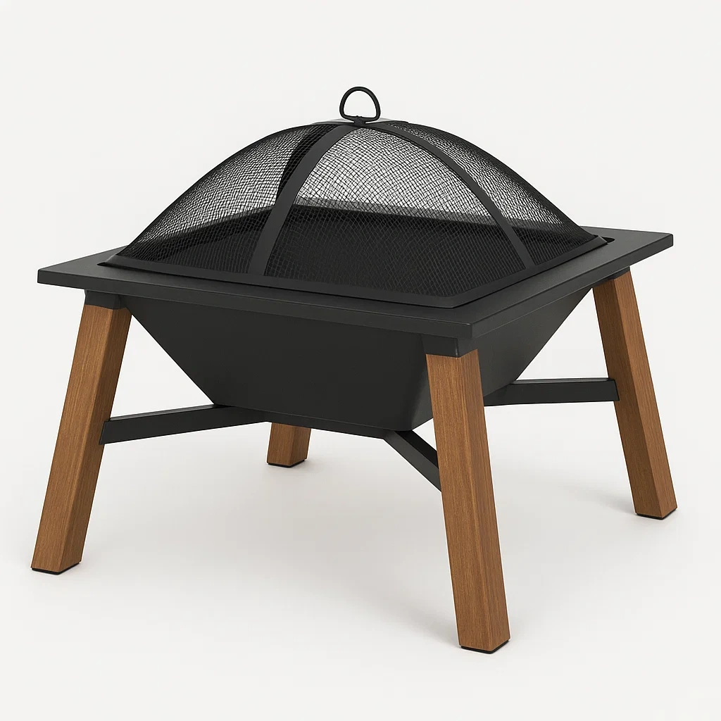 Brasero en acier noir avec pieds en bois