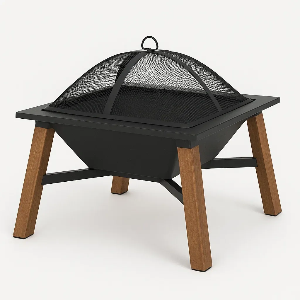 Brasero en acier noir avec pieds en bois